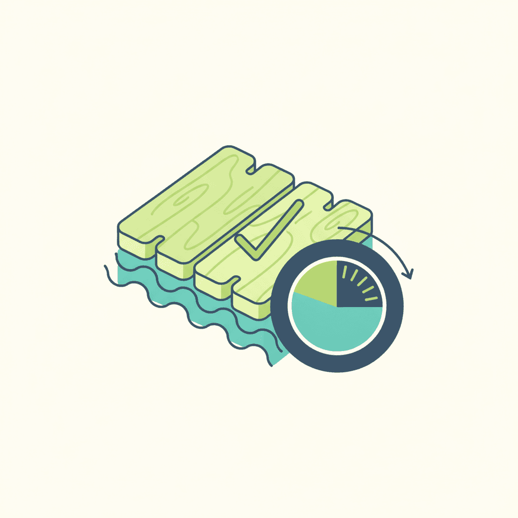Ilustración vectorial plana de un termómetro con una flecha ascendente progresiva sobre una solera de suelo radiante, representando la puesta en marcha gradual antes de instalar el pavimento, sin texto