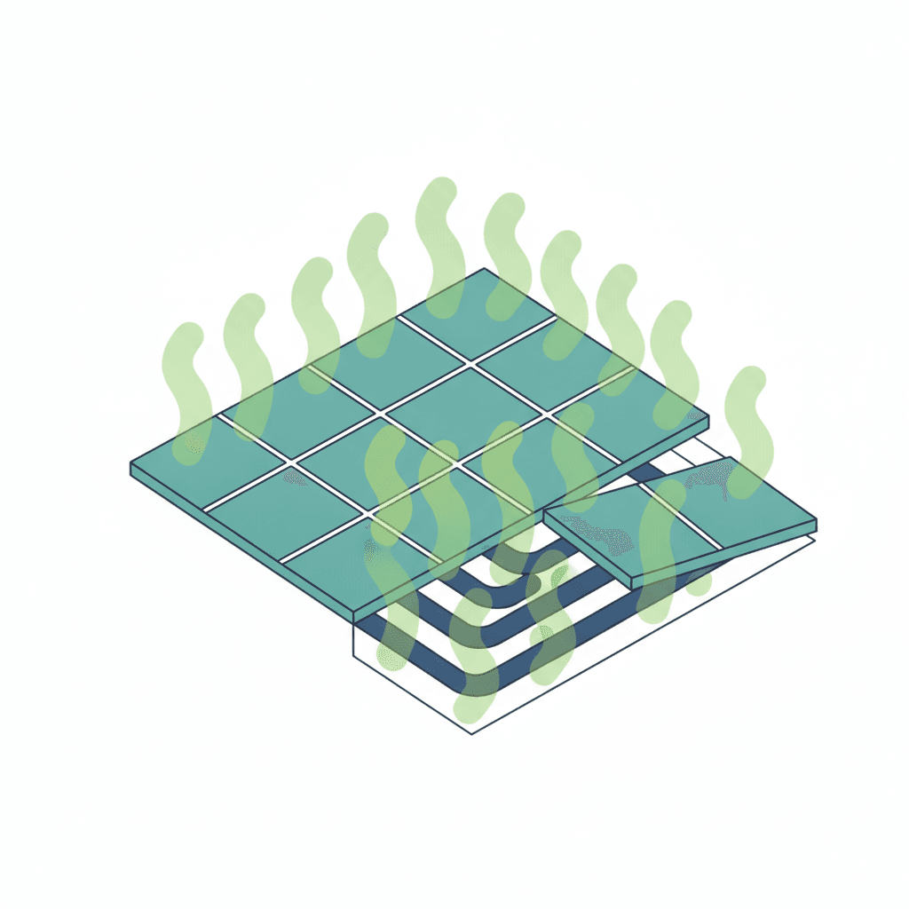 Ilustración vectorial plana de un corte de suelo con tuberías de suelo radiante debajo y varias muestras de pavimento (cerámica, madera, microcemento) dispuestas encima, sin texto