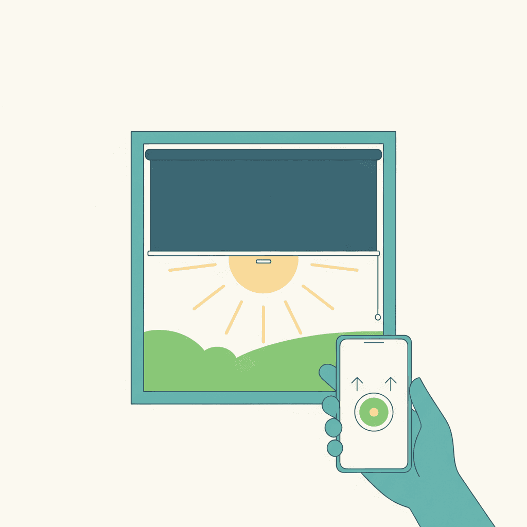 Ilustración vectorial plana de una fachada con una persiana motorizada bajando sola junto a un móvil con una app de control y un mando, sin texto