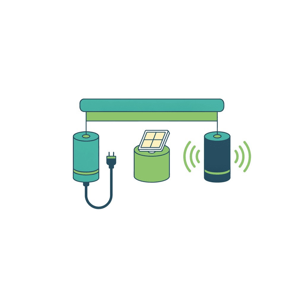 Ilustración vectorial plana de tres tipos de motor de persiana: uno conectado a un cable, otro con una batería, y otro con una pequeña placa solar, sin texto