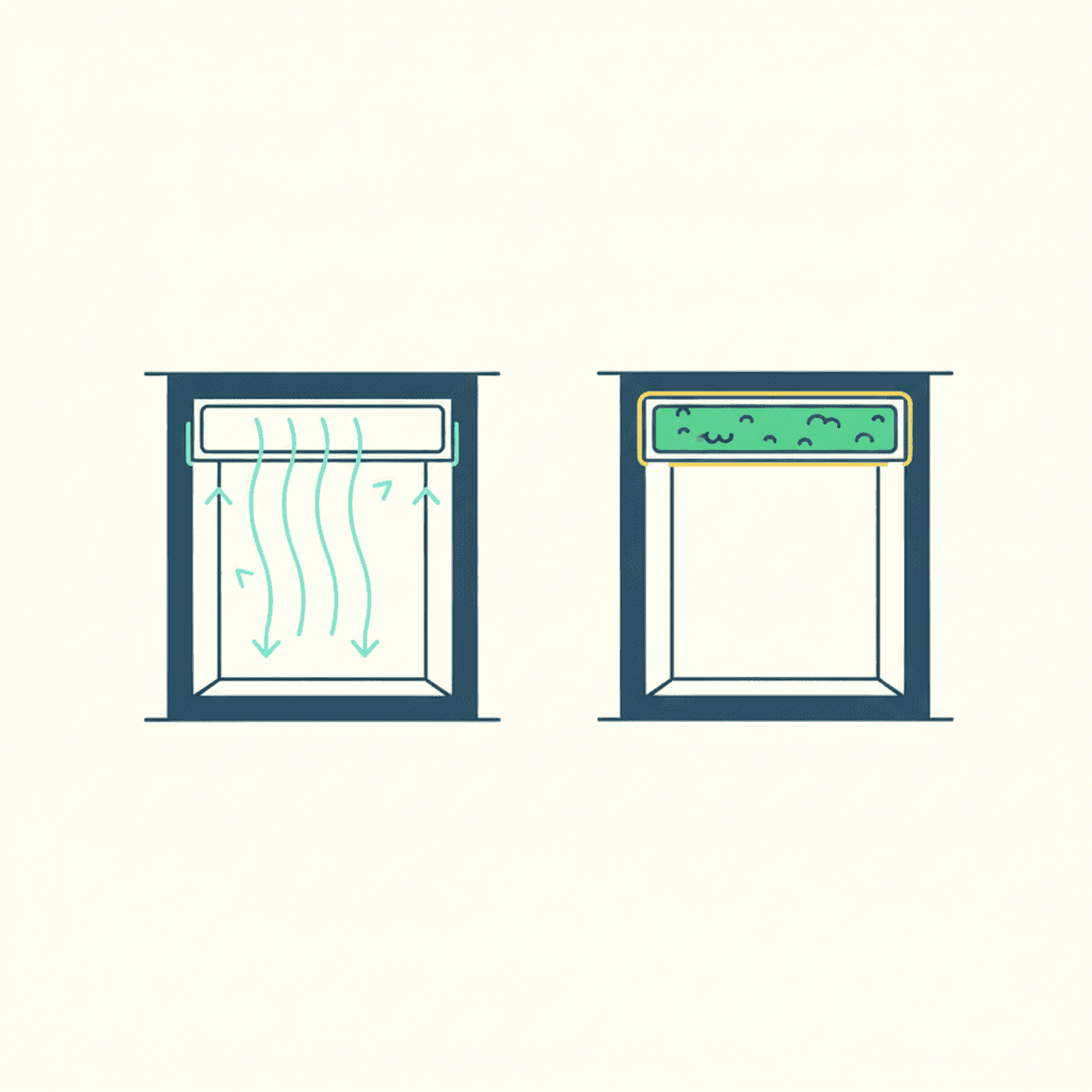 Ilustración vectorial plana en corte de un cajón de persiana sin aislar, con rendijas de aire colándose alrededor de la persiana enrollada, sin texto