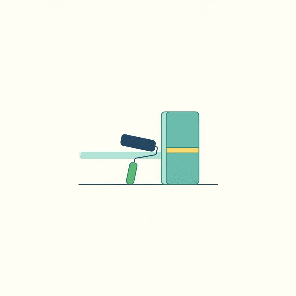 Ilustración vectorial plana, sin texto, de un bote de pintura junto a un muro con una gruesa capa de aislamiento, representando la comparación entre pintura térmica y aislamiento real