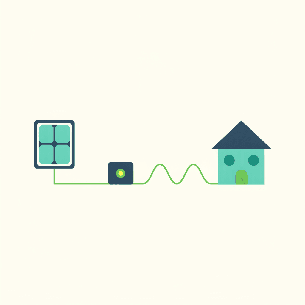 Esquema mostrando la corriente continua que sale de una placa fotovoltaica pasando por un inversor que la convierte en corriente alterna para la vivienda