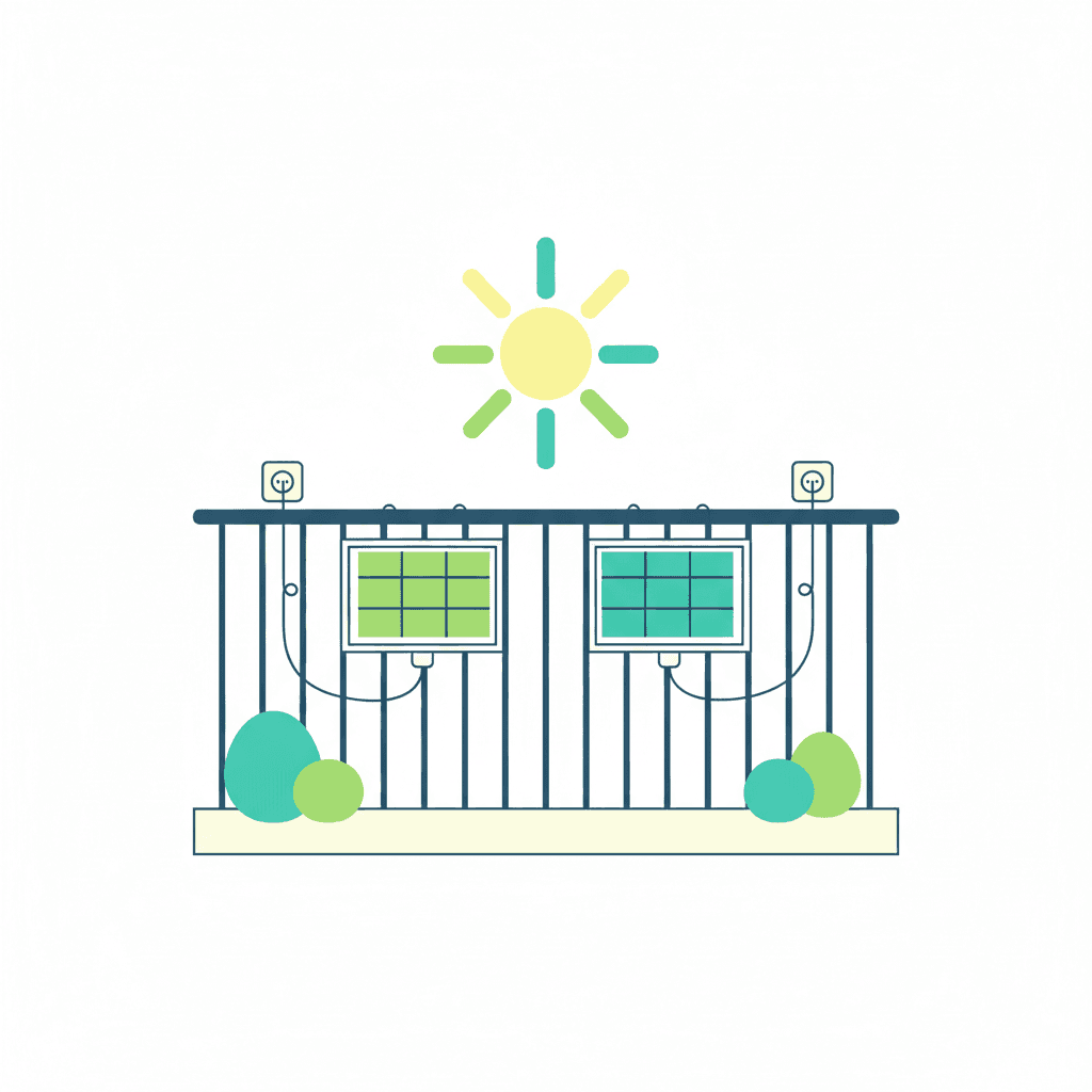 Ilustración de un edificio de viviendas de alquiler con un balcón donde se ve un panel solar portátil apoyado en la barandilla, frente al tejado del edificio con placas solares fijas