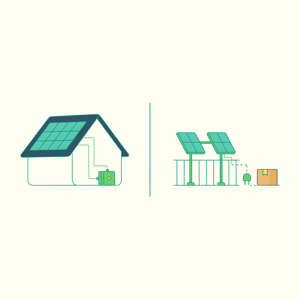 Tres iconos comparando opciones de placas solares para inquilinos: instalación fija en tejado, panel de balcón enchufable y kit solar portátil