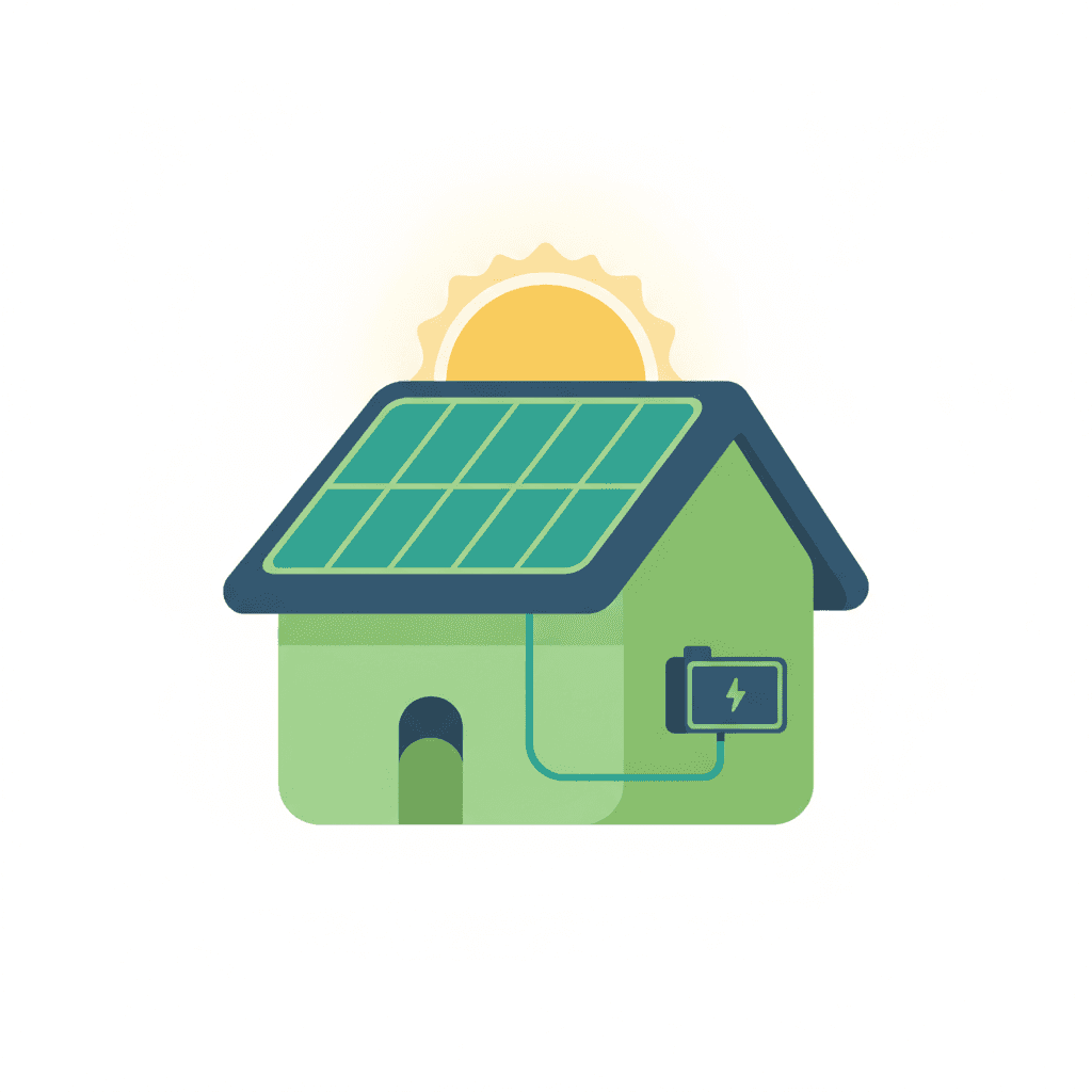 Vivienda unifamiliar con placas solares en el tejado y una batería doméstica instalada, ilustrando una instalación de autoconsumo completa con almacenamiento