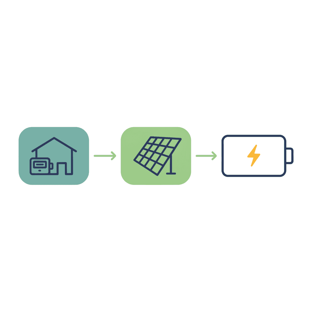Esquema que muestra cómo el consumo eléctrico anual determina la potencia en kWp necesaria y si conviene sumar batería