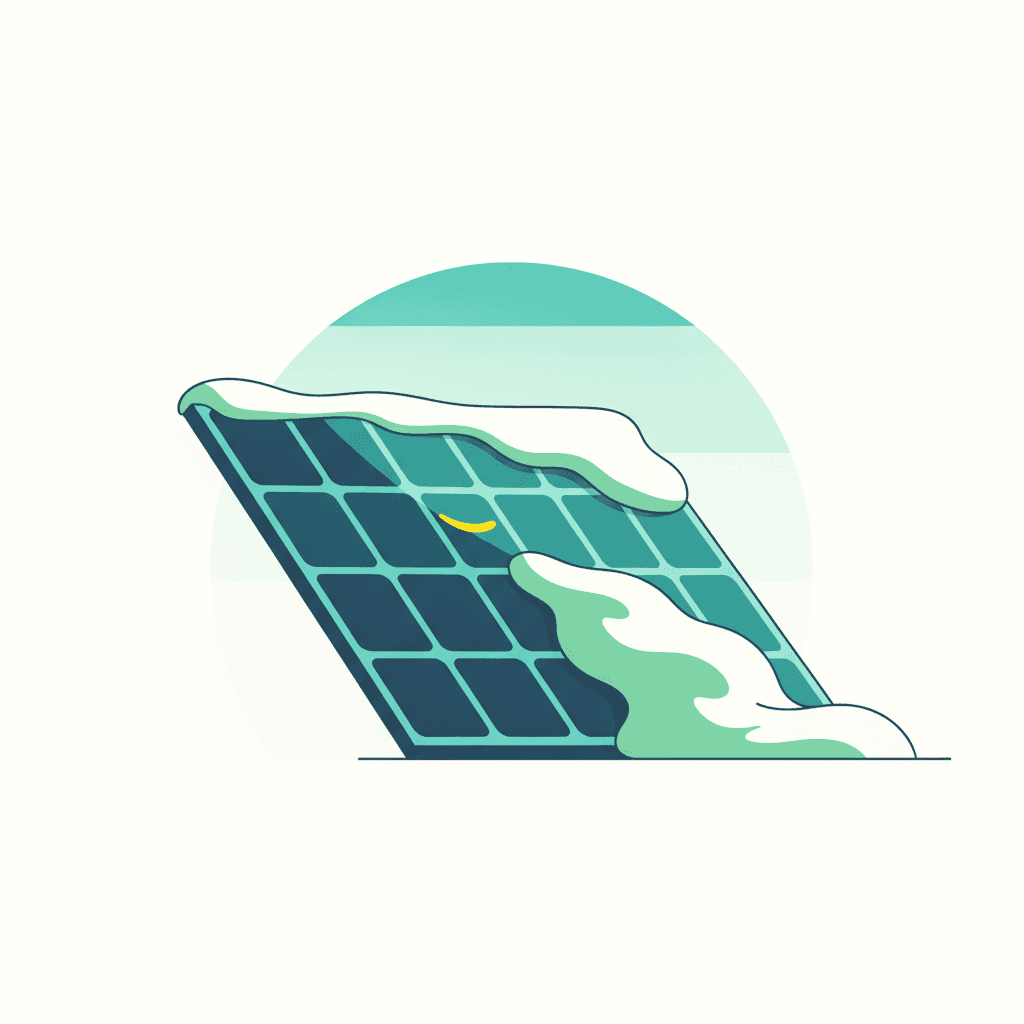 Ilustración plana de un tejado con placas solares cubiertas parcialmente de nieve, con copos cayendo alrededor