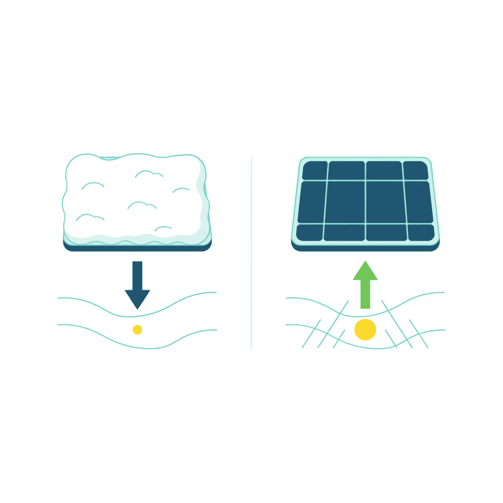Ilustración plana que muestra un panel solar tapado de nieve sin producir energía junto a otro panel ya despejado produciendo con normalidad