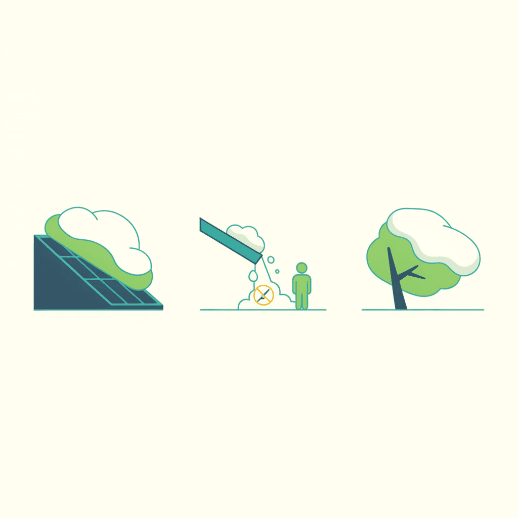 Ilustración plana de un tejado inclinado con placas solares donde se señalan con iconos el peso de la nieve, un pequeño alud cayendo y una zona de sombra parcial
