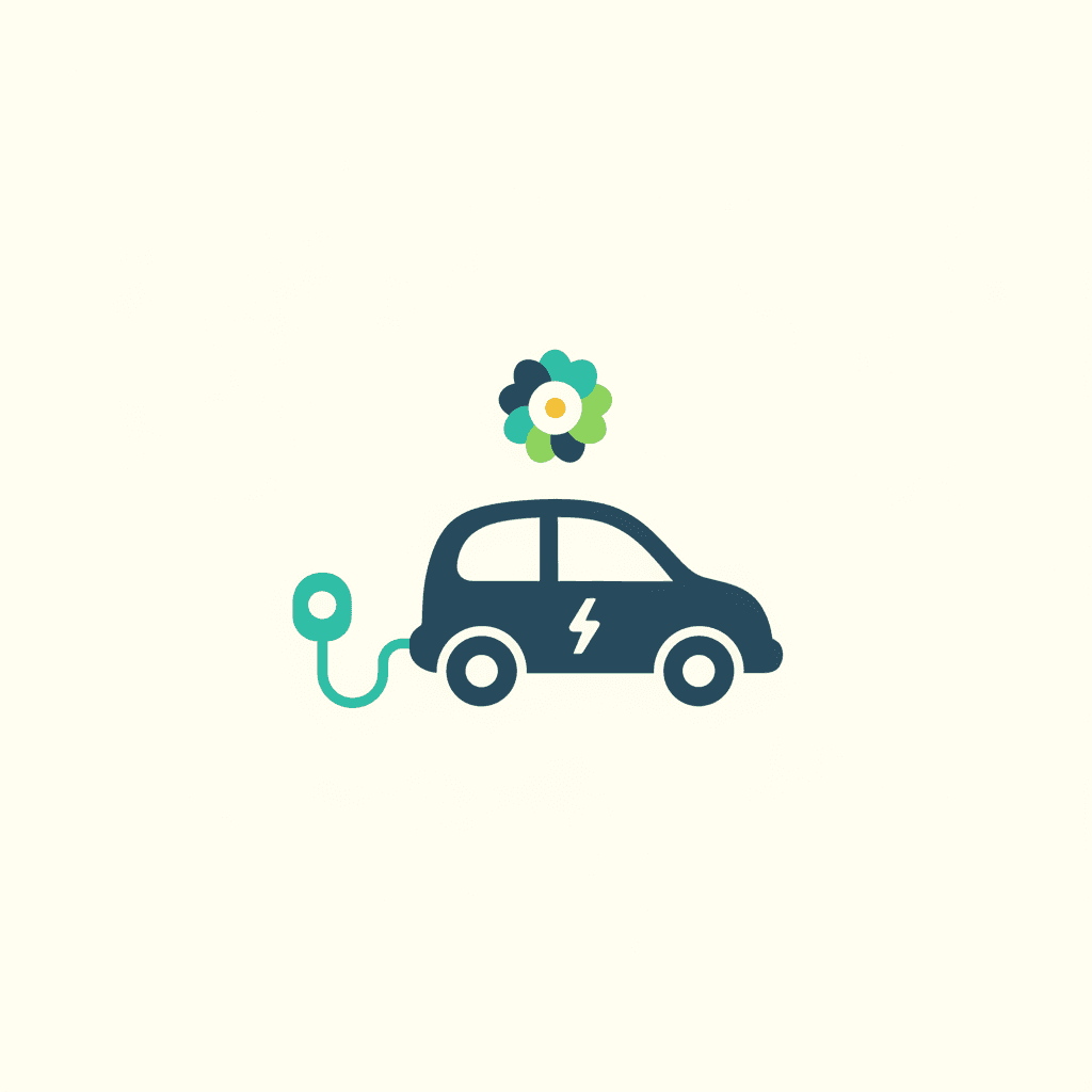 Un coche eléctrico enchufado, con un símbolo de ayuda pública para su compra