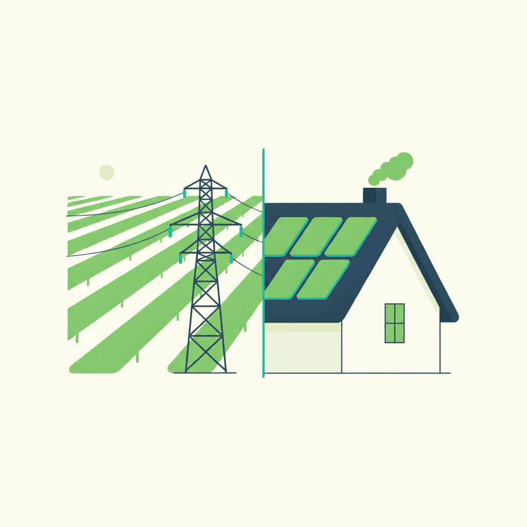 Dos escalas de instalación fotovoltaica una junto a la otra: un parque de generación conectado a la red de transporte y una instalación de autoconsumo sobre la cubierta de una vivienda