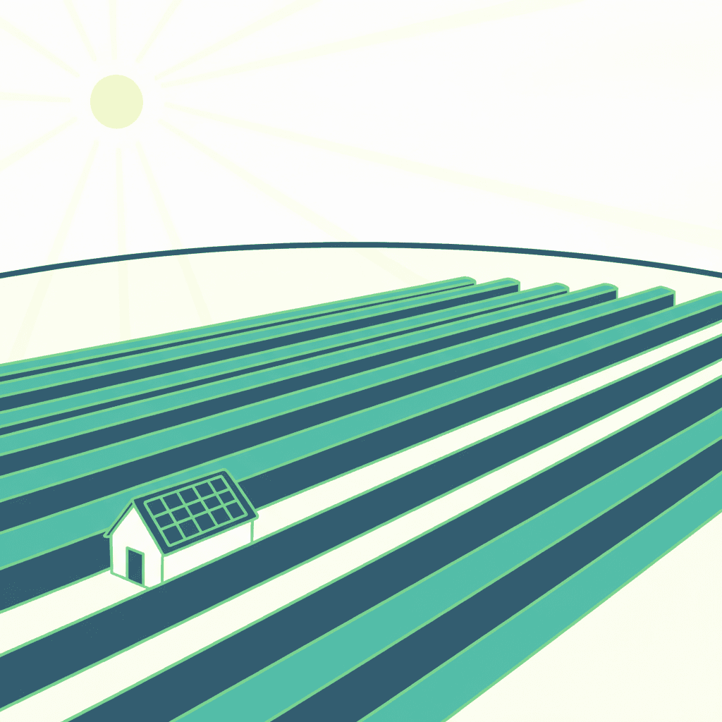 Comparación visual entre una gran planta fotovoltaica de generación sobre el terreno y una instalación de autoconsumo con placas solares sobre el tejado de una vivienda