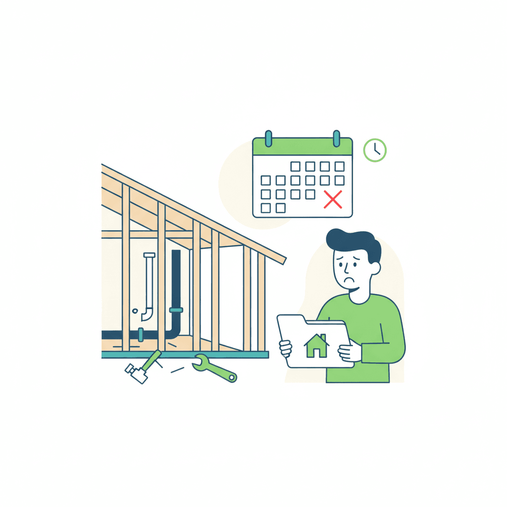 Ilustración vectorial plana de un calendario de obra con una fecha límite marcada en rojo junto a una vivienda en construcción de fondo, sin texto
