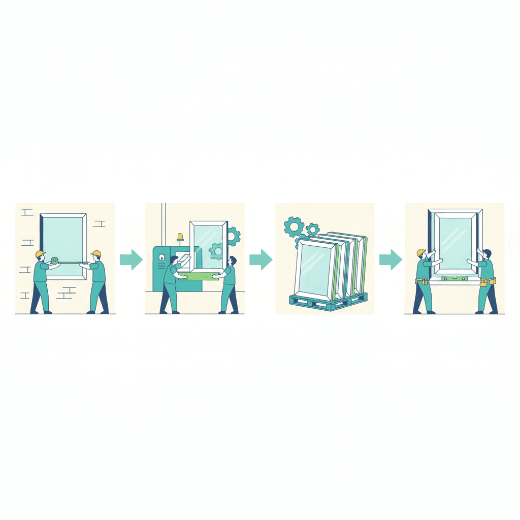 Esquema de las cuatro fases del plazo de fabricación de una ventana a medida: medición definitiva, fabricación del perfil y el vidrio, acopio y cita de instalación