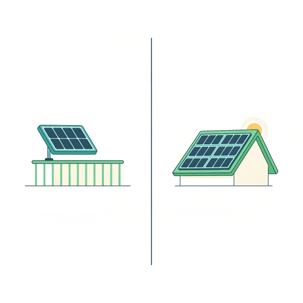 Comparación visual entre un kit solar plug and play de una placa en un balcón y una instalación solar convencional completa sobre la cubierta de una vivienda