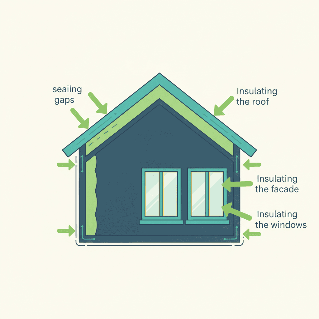 Ilustración vectorial plana de una vivienda en corte mostrando burletes en puertas, aislamiento en la cubierta, la fachada y el suelo, con flechas indicando un orden de prioridad, sin texto