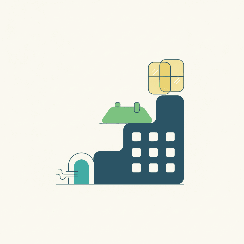 Ilustración vectorial plana con iconos numerados mostrando el orden de aislar una casa: sellado de infiltraciones, cubierta, fachada, ventanas y suelo, sin texto
