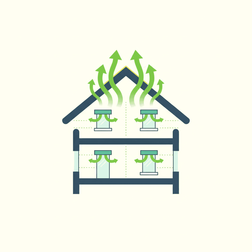 Ilustración vectorial plana de una vivienda en corte con flechas de calor saliendo por la cubierta, la fachada, las ventanas y rendijas como el cajón de persiana, sin texto