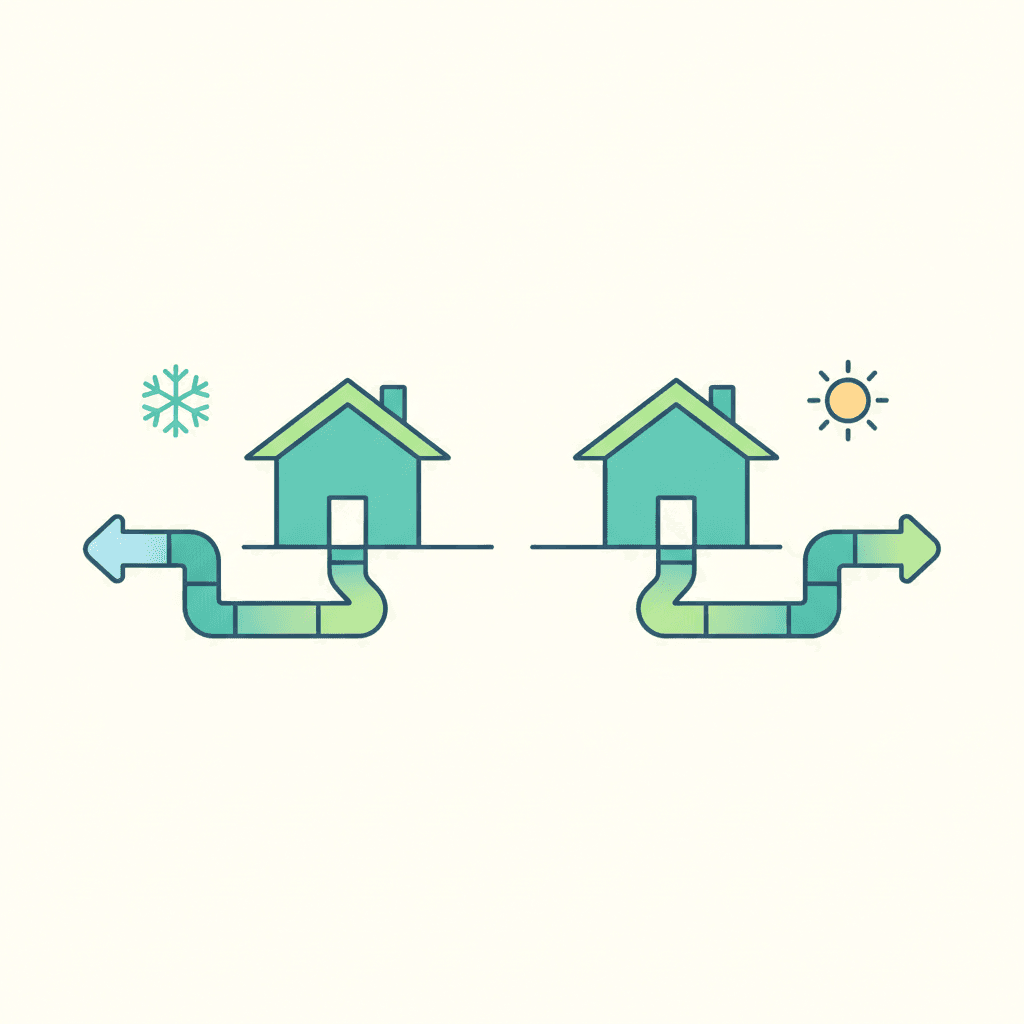 Comparación de las dos estaciones: en invierno el tubo enterrado precalienta el aire frío; en verano lo refresca