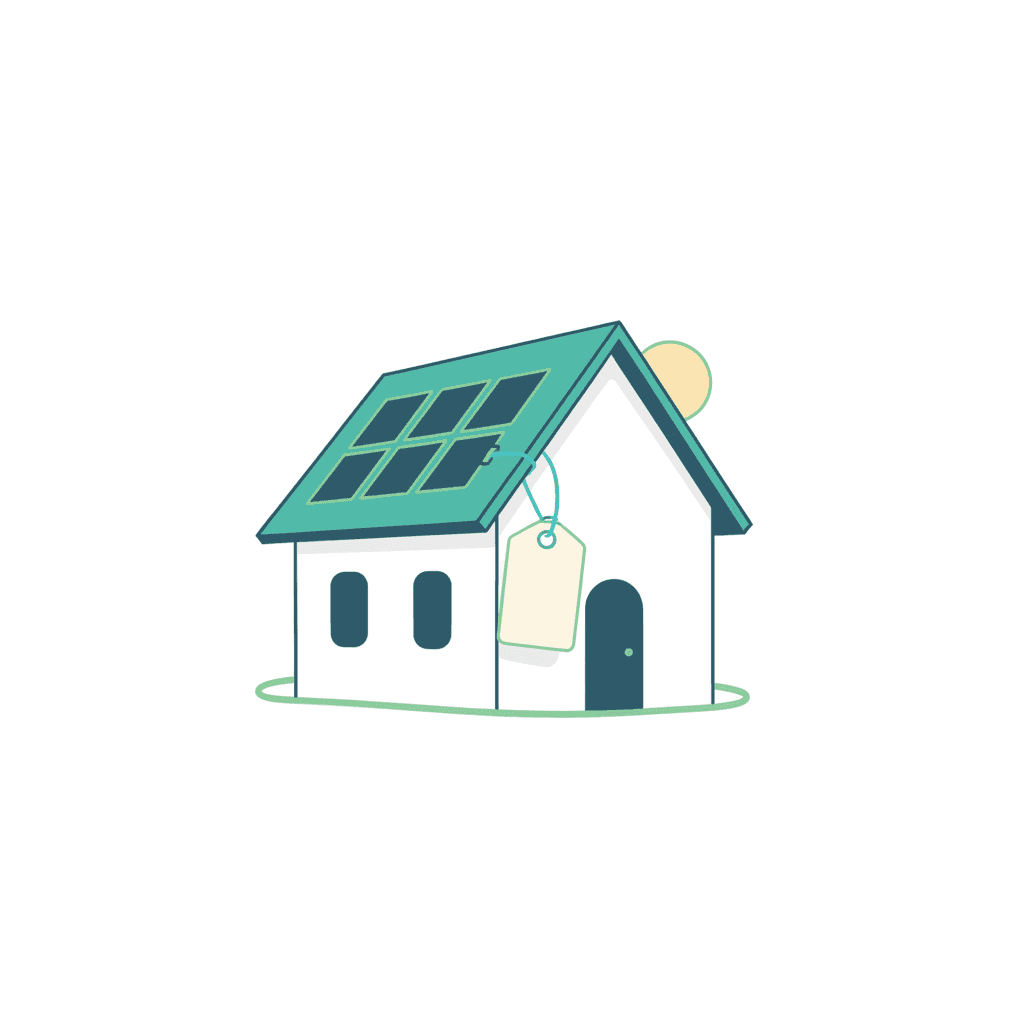 Vivienda con placas solares en el tejado junto a una etiqueta con la palabra «gratis» tachada, representando la pregunta de si existe una instalación solar realmente gratuita
