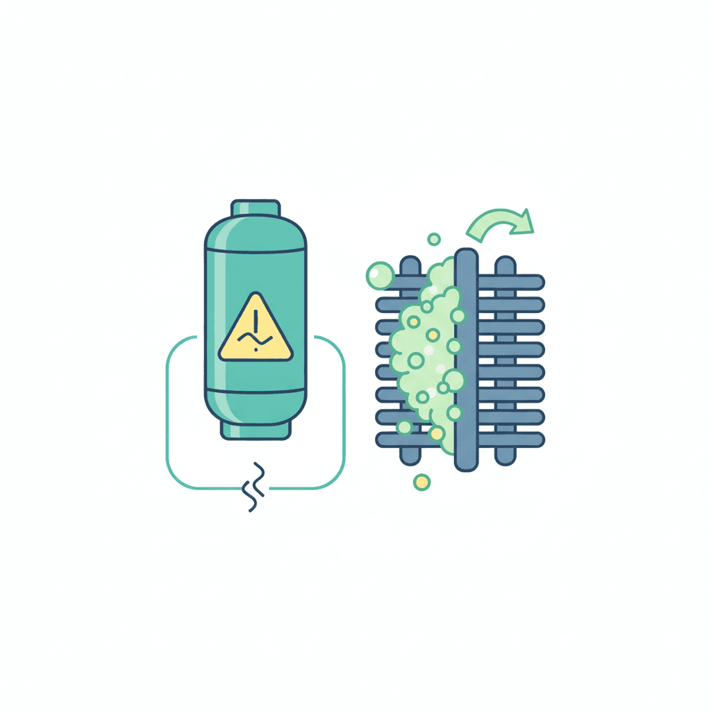 Ilustración vectorial plana de una bombona de gas refrigerante y una llave inglesa junto a un símbolo de advertencia, representando conceptos que se facturan aparte, sin texto