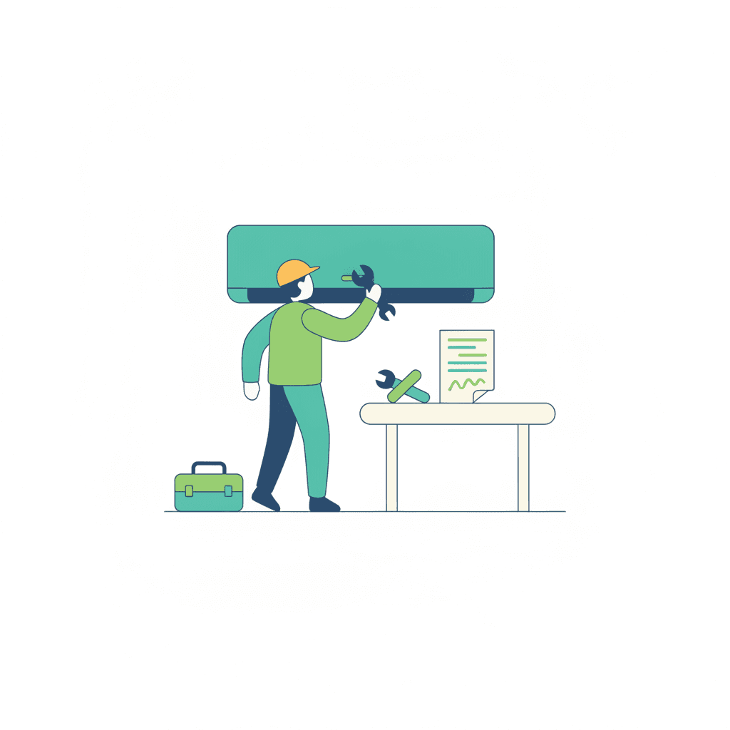 Ilustración vectorial plana de un técnico con una carpeta de presupuesto junto a una unidad interior y una unidad exterior de aire acondicionado, sin texto