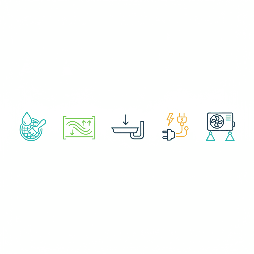 Ilustración vectorial plana con iconos de las tareas de una revisión de aire acondicionado: un filtro, una bandeja de condensados, un cuadro eléctrico y un manómetro, sin texto