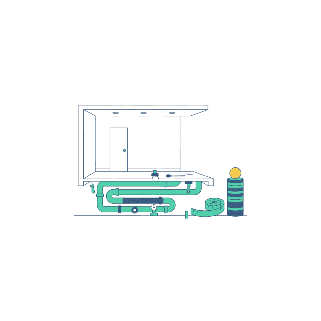 Ilustración vectorial plana de una obra de suelo radiante con el circuito de tubo bajo el pavimento y un presupuesto junto a la instalación, sin texto