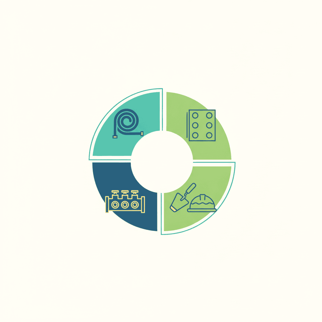 Ilustración vectorial plana con las partidas de precio de una instalación de suelo radiante: el suelo, el equipo de aerotermia y el conjunto completo, sin texto