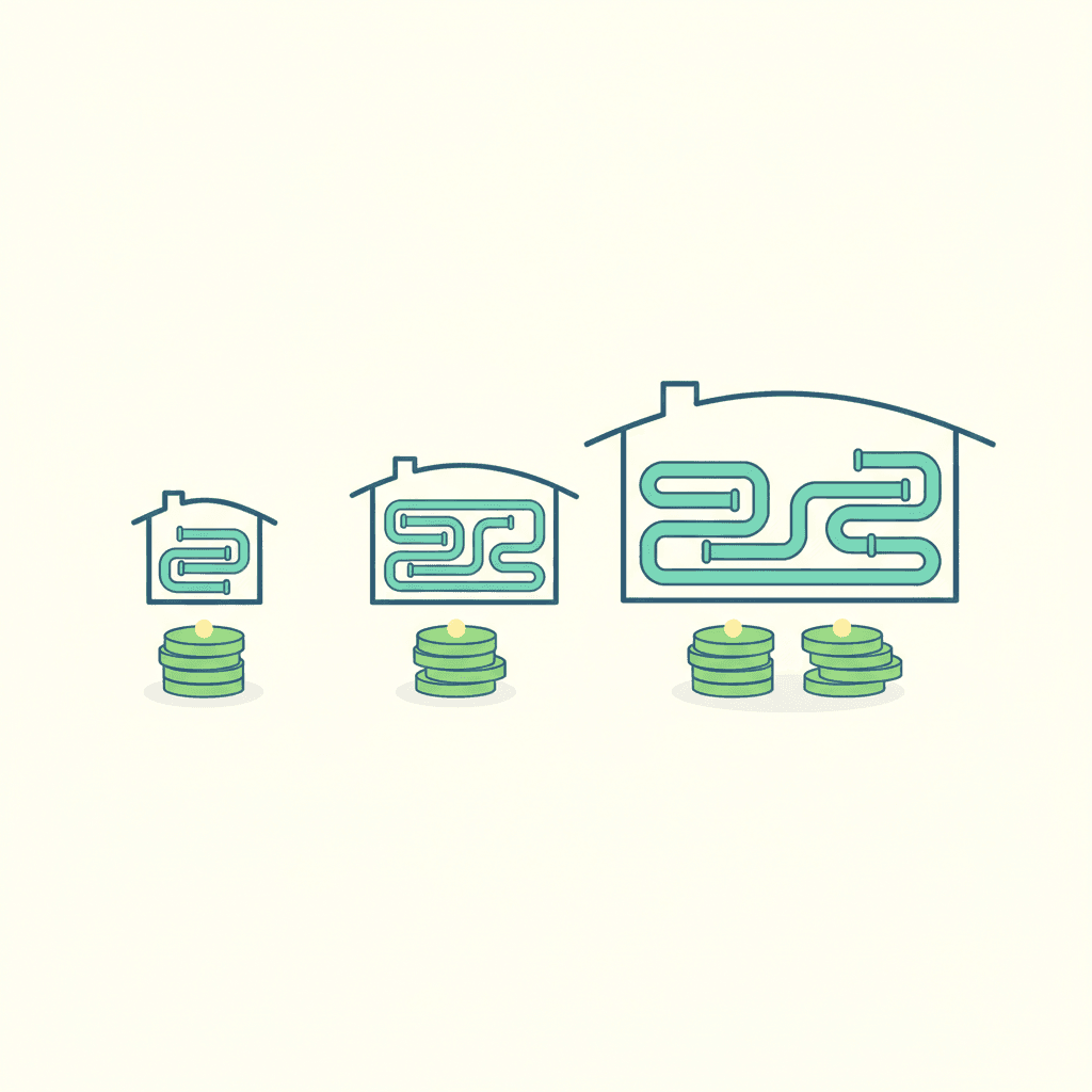 Ilustración vectorial plana comparando el precio por metro cuadrado del suelo radiante en una vivienda pequeña frente a una vivienda grande, sin texto