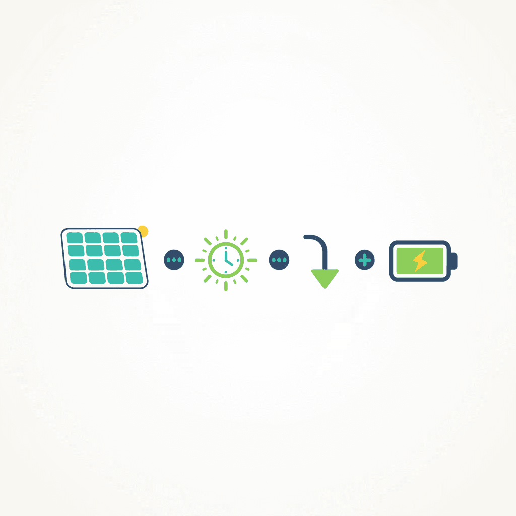 Esquema de la fórmula: potencia del panel por horas de sol pico por factor de pérdidas igual a kWh al día