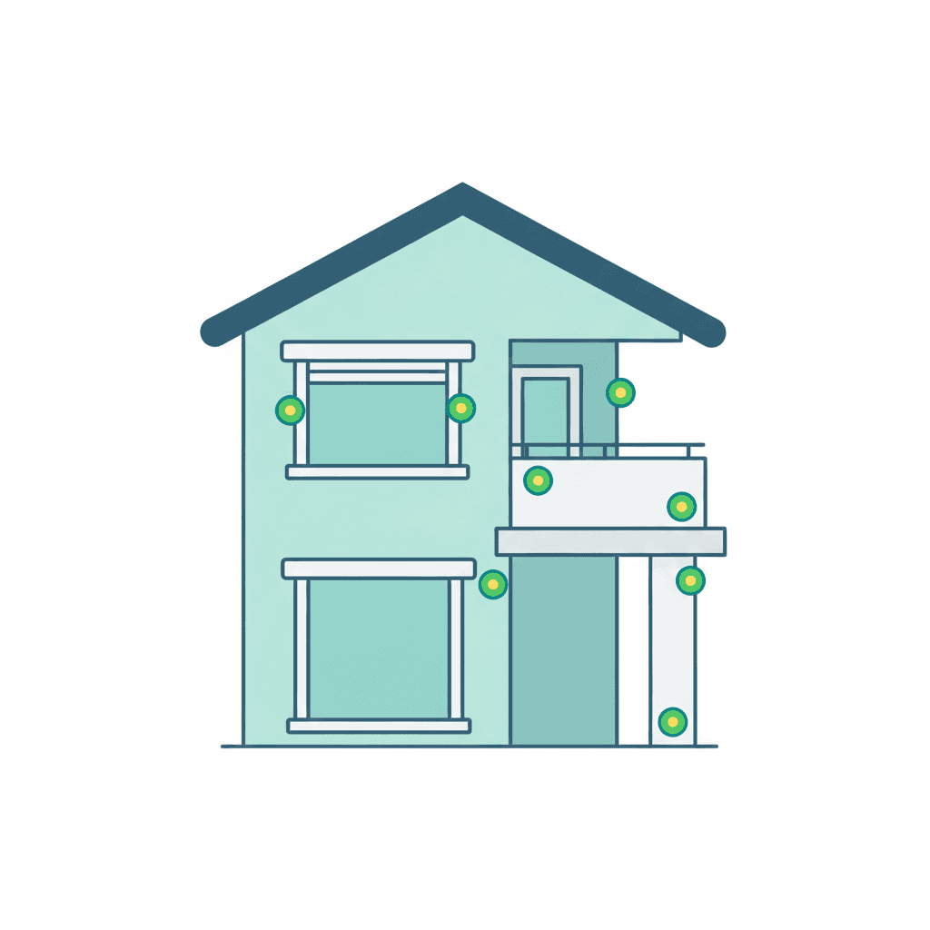 Diagrama de una vivienda aislada señalando los puntos donde el aislante se interrumpe: caja de persiana, contorno de ventanas, frente de forjado, balcón y pilares