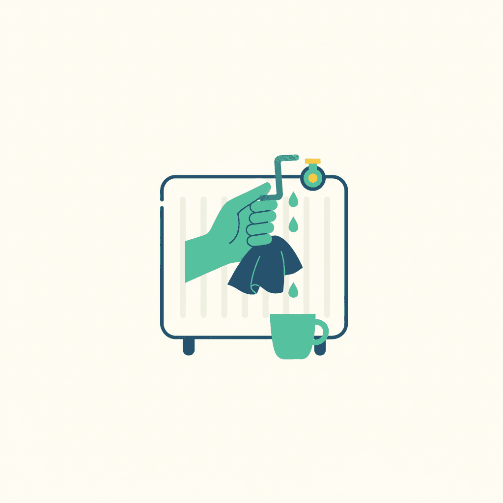 Ilustración vectorial plana de un radiador con la llave de purga abierta en la parte superior, dejando salir una burbuja de aire y una gota de agua sobre un recipiente, sin texto