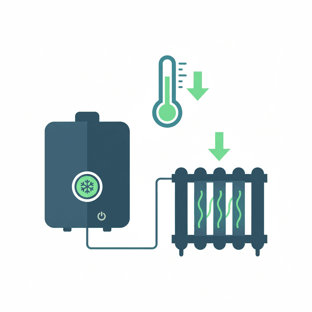 Ilustración vectorial plana de una mano sujetando una llave de purga sobre el purgador de un radiador, con un trapo y un recipiente pequeño debajo para recoger el agua, sin texto