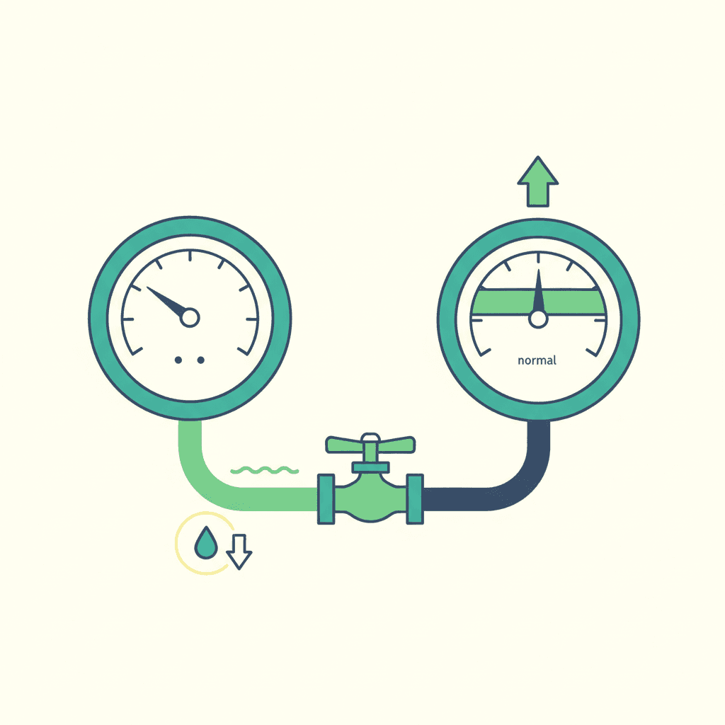 Ilustración vectorial plana de un manómetro de caldera o unidad de aerotermia con la aguja en la zona baja, junto a un icono de llave de llenado, sin texto