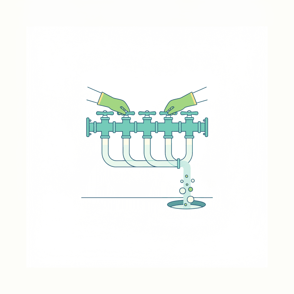 Ilustración vectorial plana de un colector de suelo radiante con varias llaves de circuito y una manguera conectada a la llave de vaciado, con burbujas de aire saliendo del tubo, sin texto