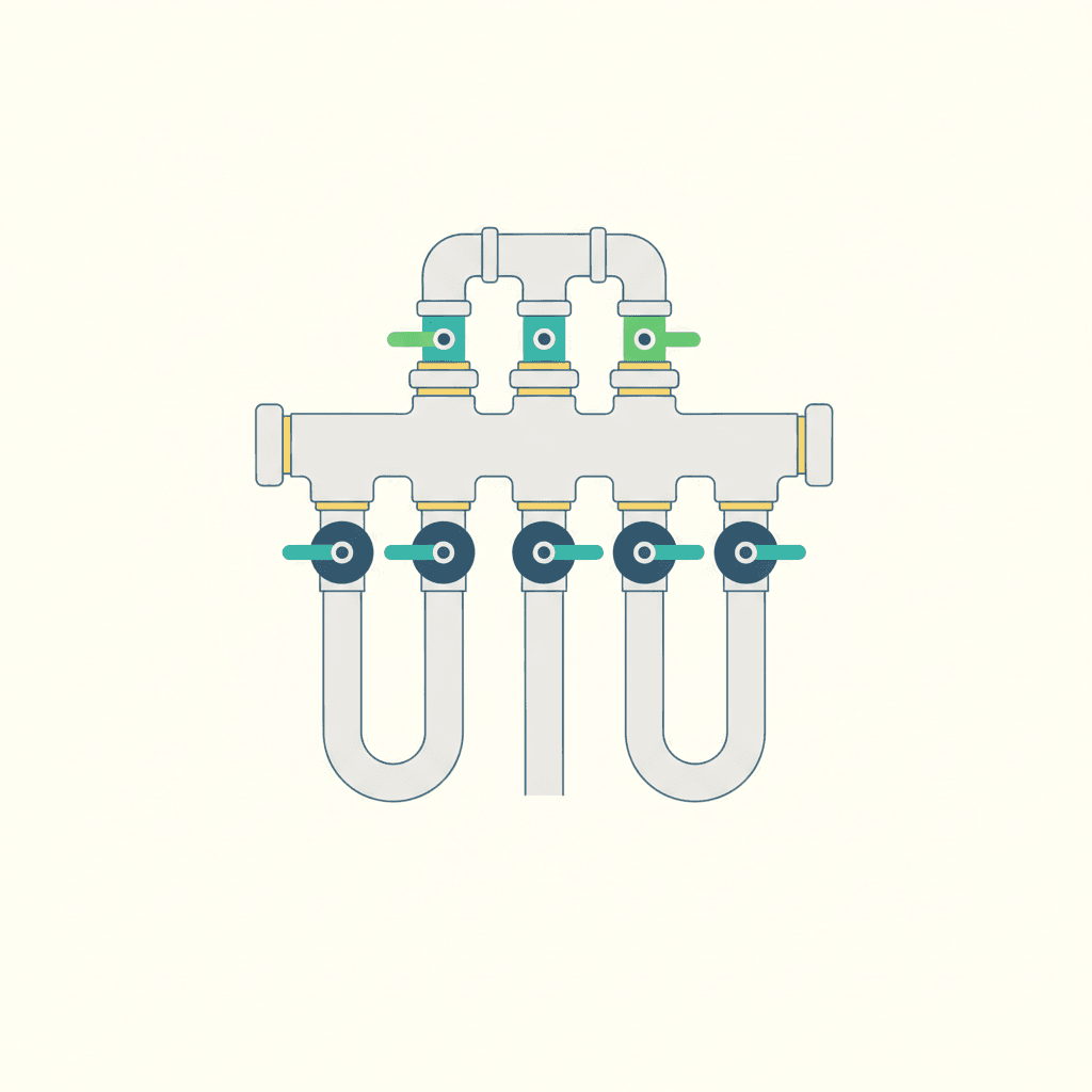 Ilustración vectorial plana con iconos numerados de los pasos para purgar un circuito de suelo radiante: cerrar llaves, conectar manguera, abrir llenado a caudal alto y comprobar que el agua sale sin burbujas, sin texto
