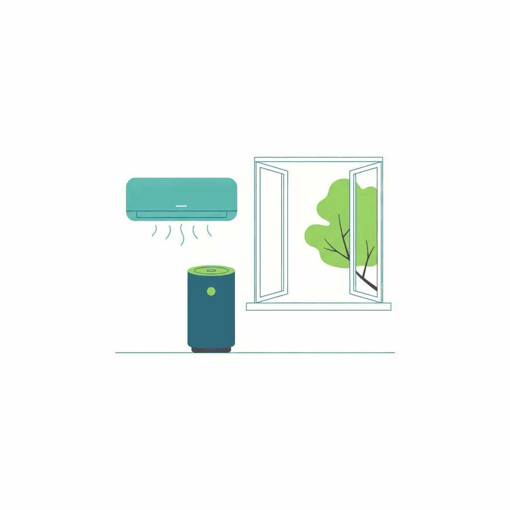 Ilustración vectorial plana de un aire acondicionado tipo split en un salón con flechas mostrando el aire moviéndose dentro de la misma habitación, sin texto