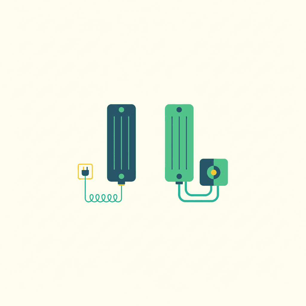 Ilustración vectorial plana con un radiador eléctrico de aceite a un lado y un radiador de agua conectado a una bomba de calor de aerotermia al otro, sin texto