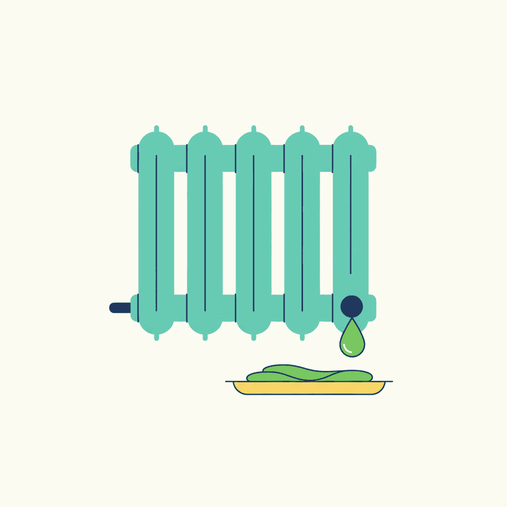 Ilustración vectorial plana de un radiador con una gota de agua cayendo y una lupa señalando distintos puntos del radiador, sin texto