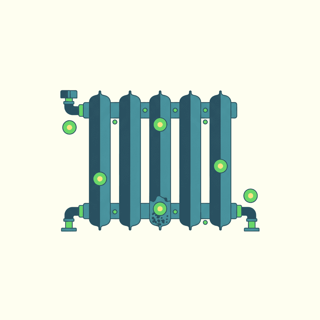 Ilustración vectorial plana de un radiador con iconos señalando cuatro puntos posibles de fuga: el purgador arriba, la llave de entrada, las roscas entre elementos y la parte baja del cuerpo, sin texto