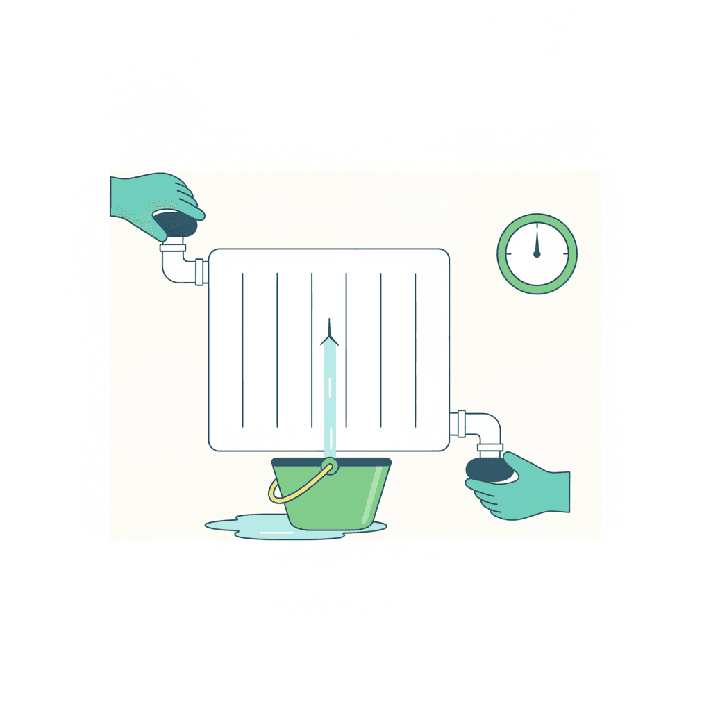 Ilustración vectorial plana de unas manos cerrando la llave de un radiador con un recipiente debajo recogiendo agua, sin texto