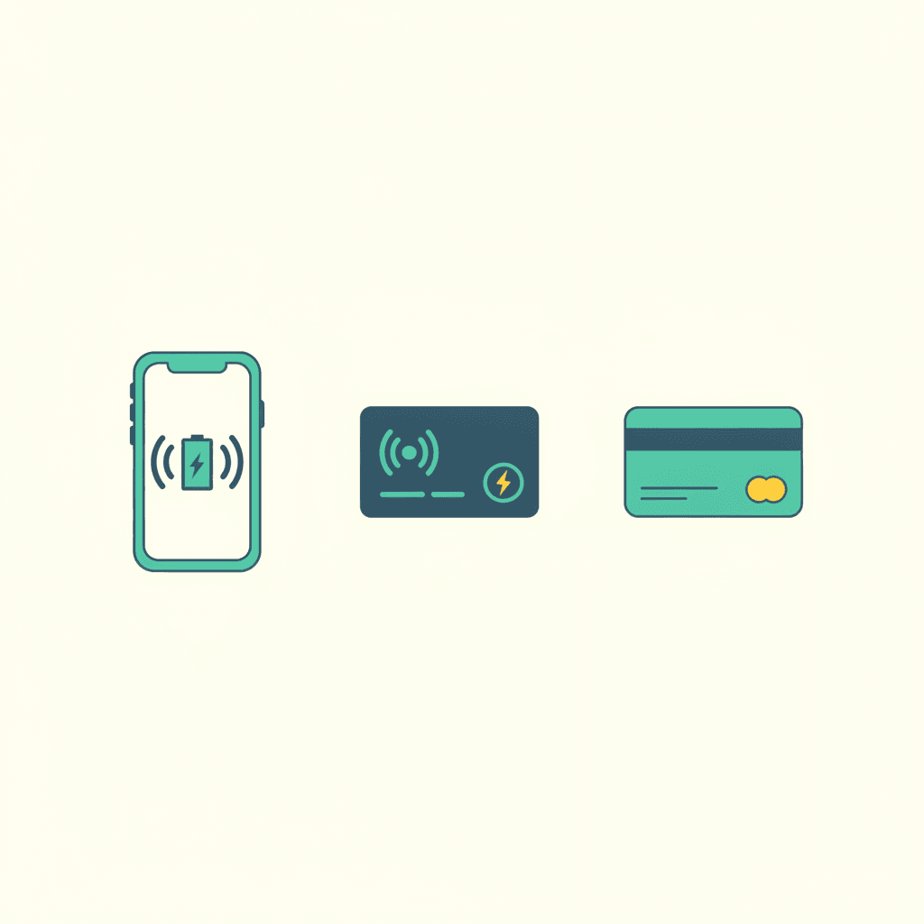 Las formas de pagar la recarga pública en fila: móvil con app, tarjeta RFID contactless y tarjeta bancaria contactless
