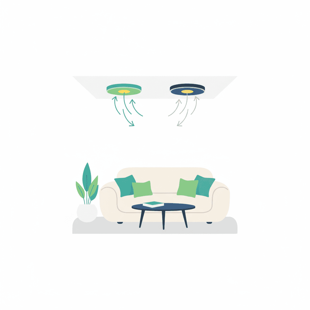 Habitación con difusores bien colocados, flujo de aire suave y equilibrado entre la impulsión y la extracción, con un ambiente confortable