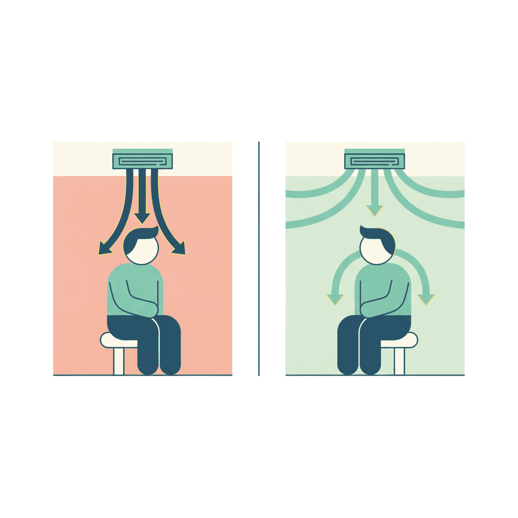 Comparación entre una rejilla que impulsa aire directamente sobre una persona, que provoca corriente, y una impulsión por techo con efecto Coanda que mantiene el aire pegado al techo antes de bajar