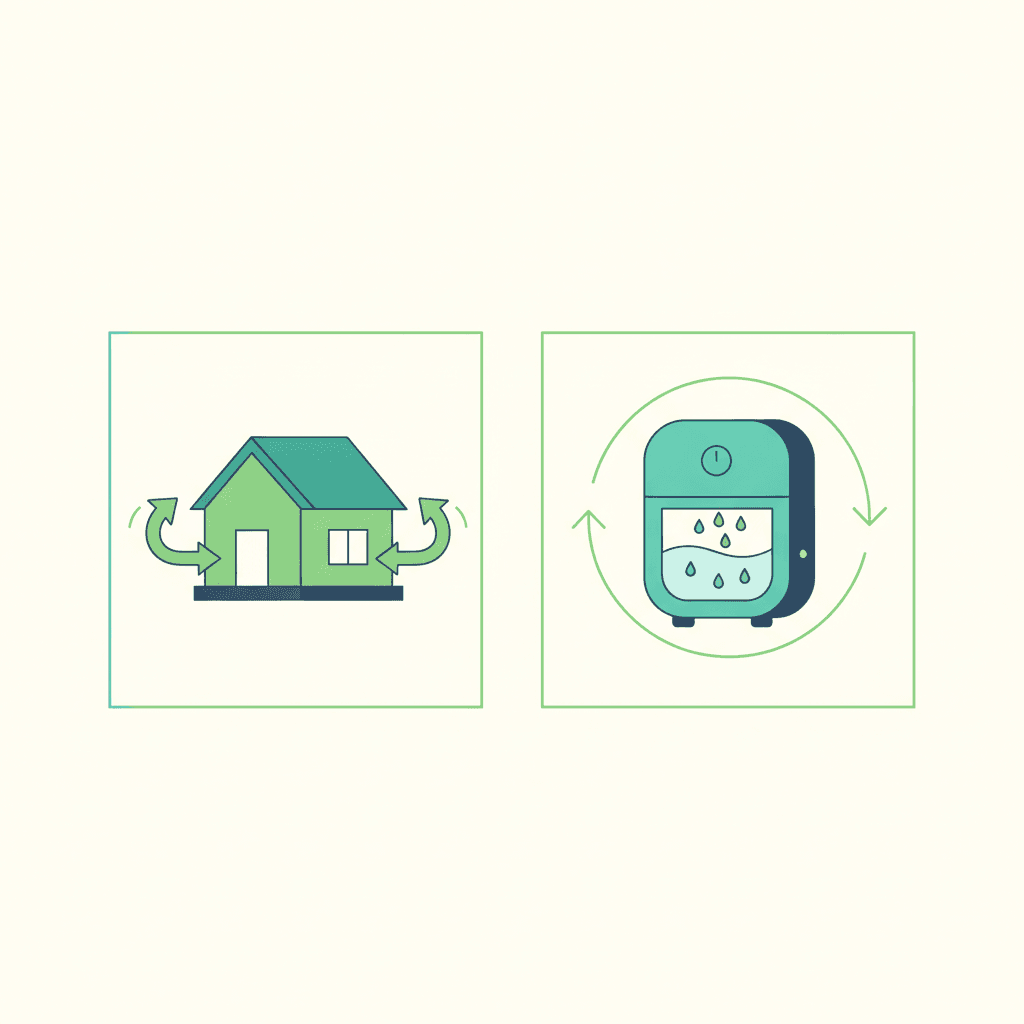 Dos paneles comparados: un recuperador de calor con una casa y flechas de aire exterior e interior renovándose, frente a un deshumidificador con una flecha circular y un depósito de agua