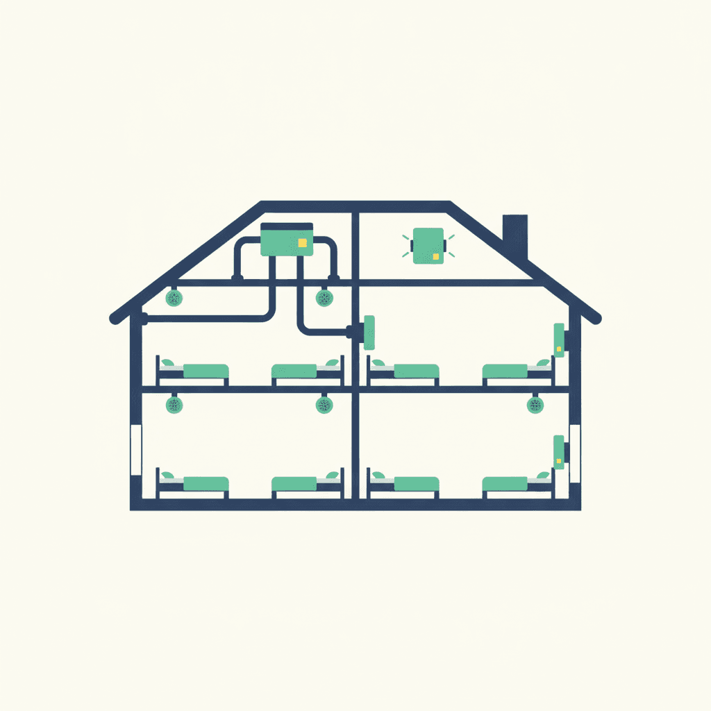 Esquema de una casa con un recuperador centralizado y conductos frente a unidades descentralizadas por habitación