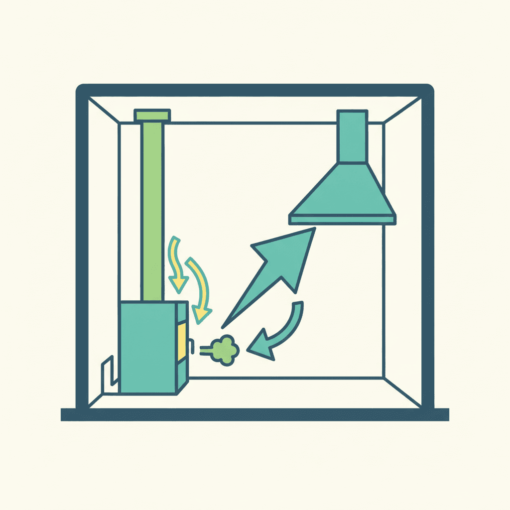 Esquema de una vivienda hermética donde una depresión de aire provoca que el humo de la chimenea retroceda hacia el interior en vez de salir por el tiro