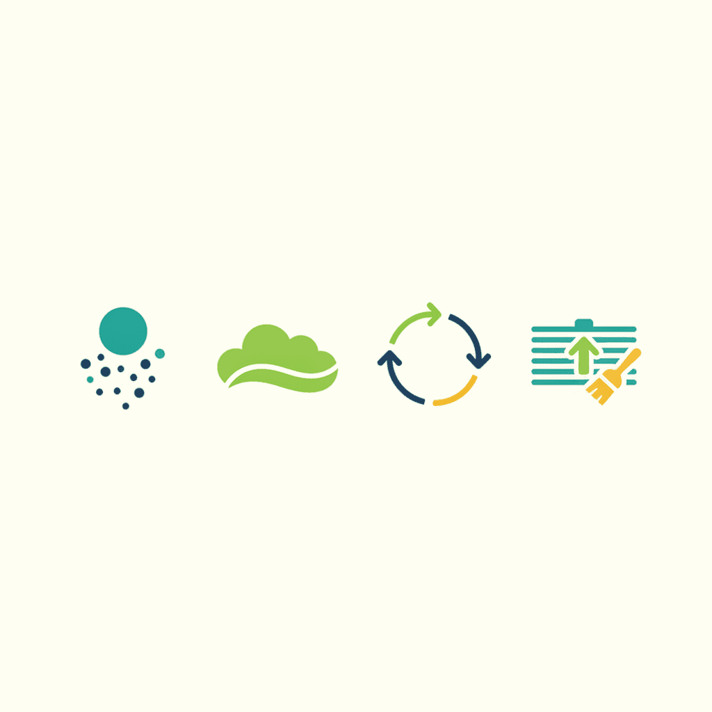 Iconos de un local comercial mostrando menos CO2, menos consumo de climatización y más confort para las personas dentro